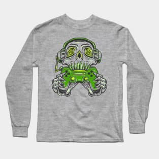 A skull gamer holding a green joystick controller and wearing headphone. Long Sleeve T-Shirt